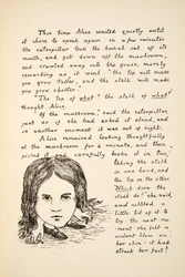 La barbilla de Alicia toca sus pies después de comer el champiñón, ilustración de Las aventuras de Alicia bajo tierra, publicado en 1886